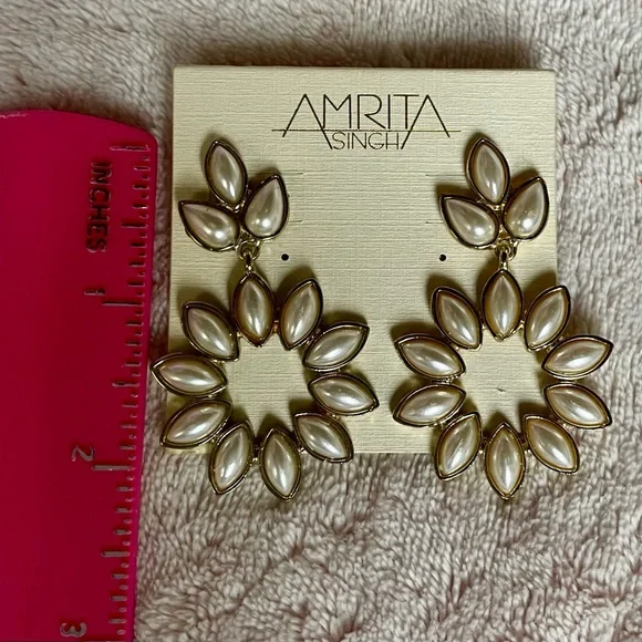 Amrita Singh Gold-Tone Pearl Petal Hoop Drop Earrings ~ Rare Pearl Version - Picture 6 of 6